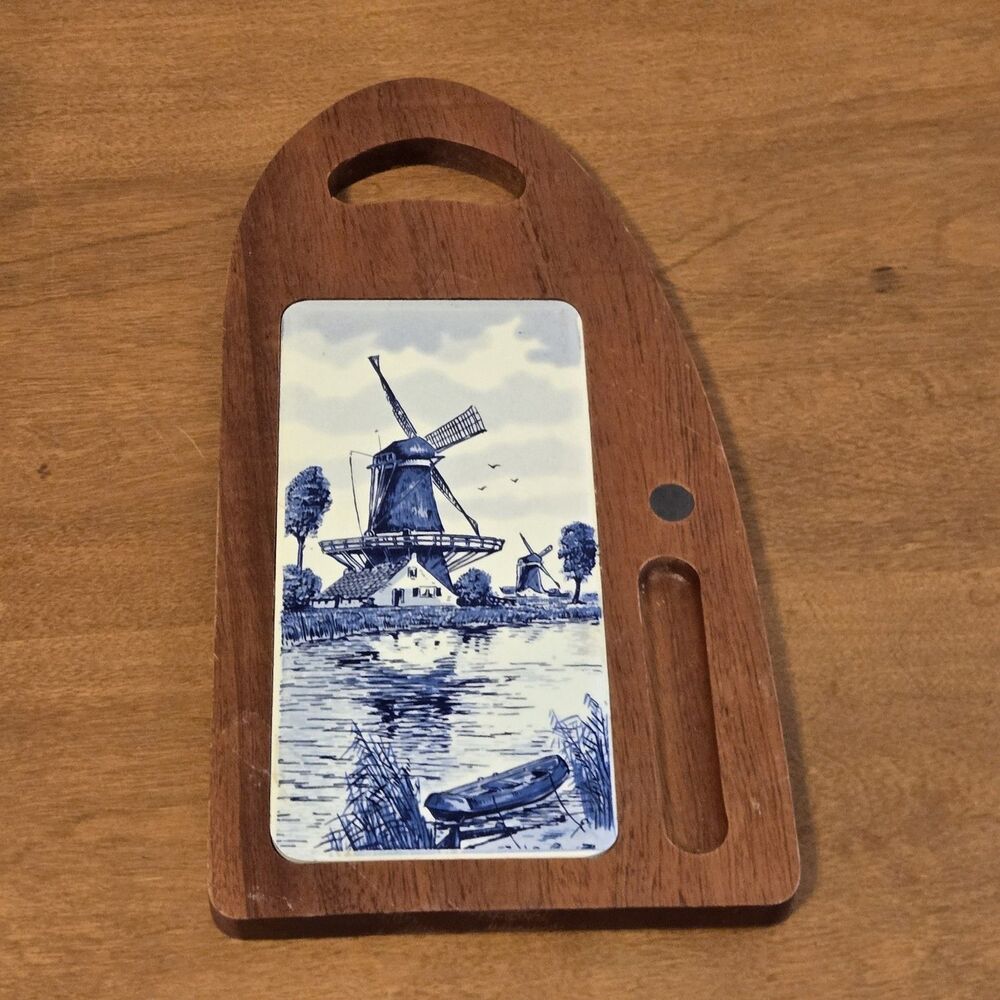 Vintage Delft Blue Windmills Water Tile & Wood Cheese Charcuterie Cutting Board